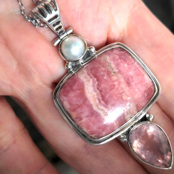 Rhodochrosite Pink Sterling Silver Pendant Necklace Rose Quartz & Pearl Accents - Picture 1 of 7